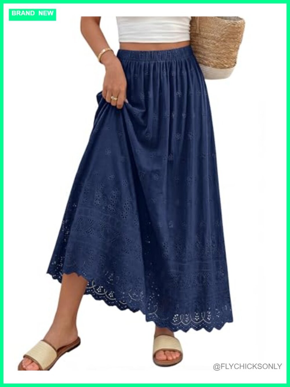 Women's Boho Eyelet A-Line Cotton Flowy Maxi Skirt High Waisted Summer Beach